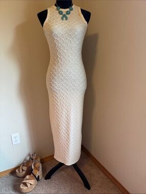 Sleeveless Cream Lace Maxi Dress with High Neck